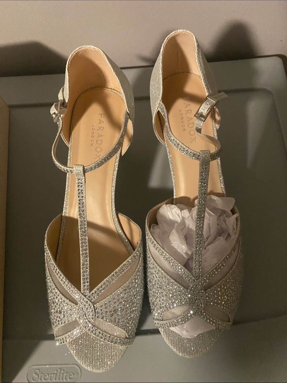 Paradox Silver Glitter T-Strap Rhinestone Heels